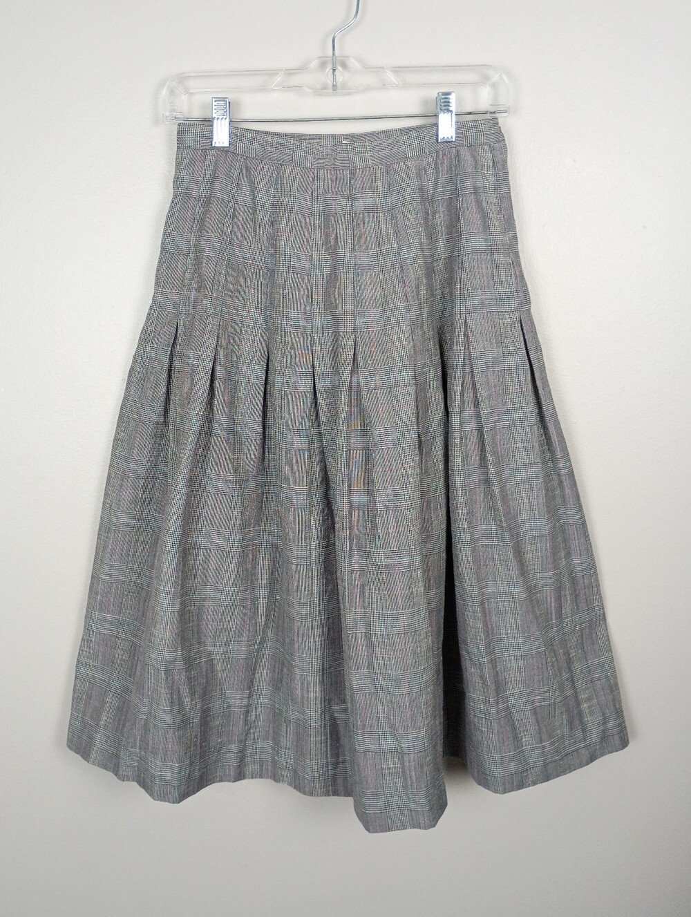 Vintage Made In USA Glen Plaid Pleated Midi Skirt Pink Teal Accent Size 8 Fits 2